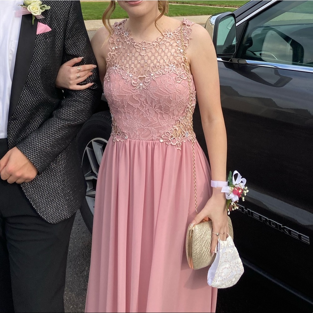 Pink lace with flower design and rhinestones prom dress